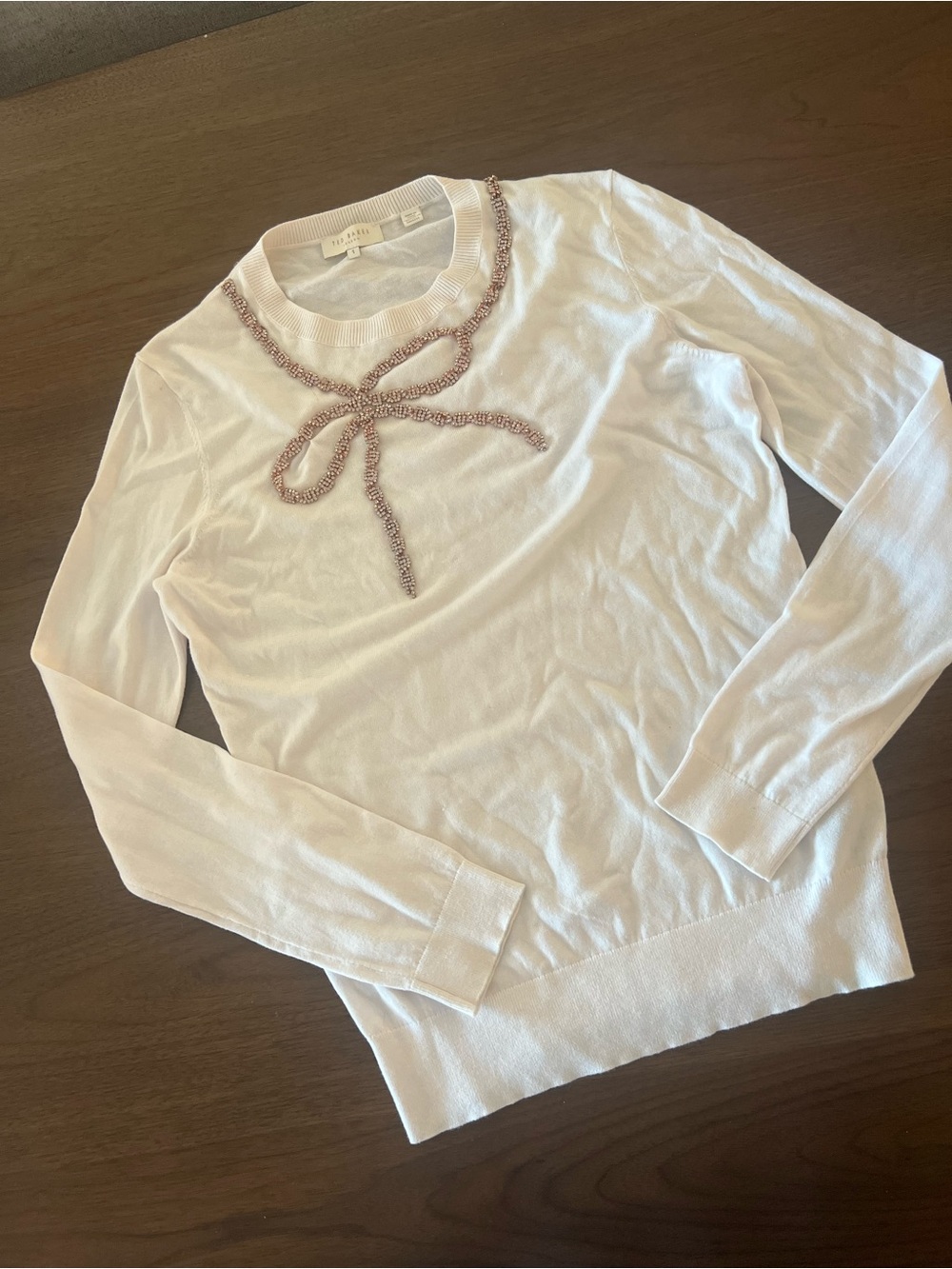 Ted Baker Long Sleeve Knit Top with Rhinestone Bow Trim